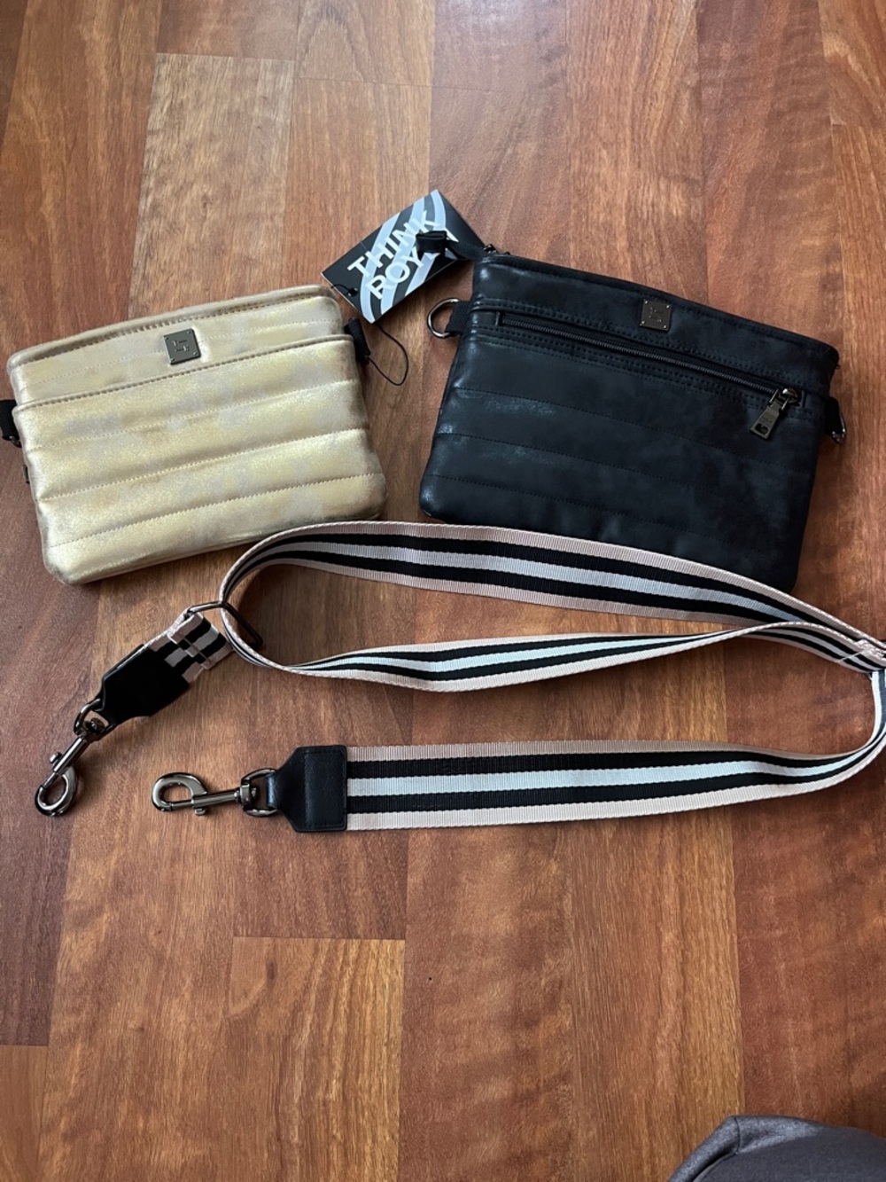New Think Royln Gold and Black Crossbody Bag with Striped Guitar Strap - Picture 11 of 16